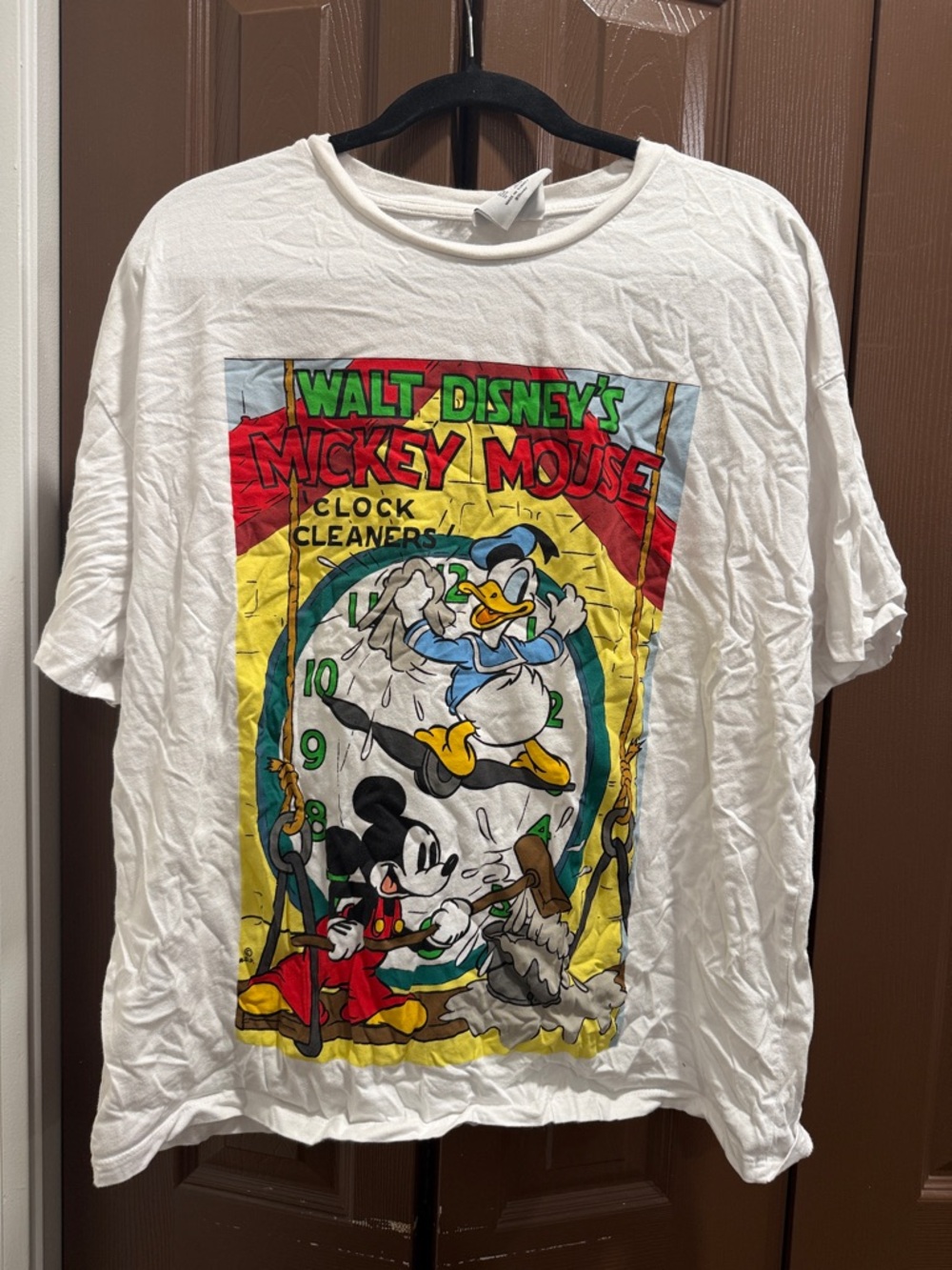 Disney White Short Sleeve Tee with Mickey & Donald Retro Clock Graphic